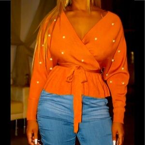 Unique Orange Cross Design Front & Back W/Pearls Deep V Neck W/Belt Sweater Rare